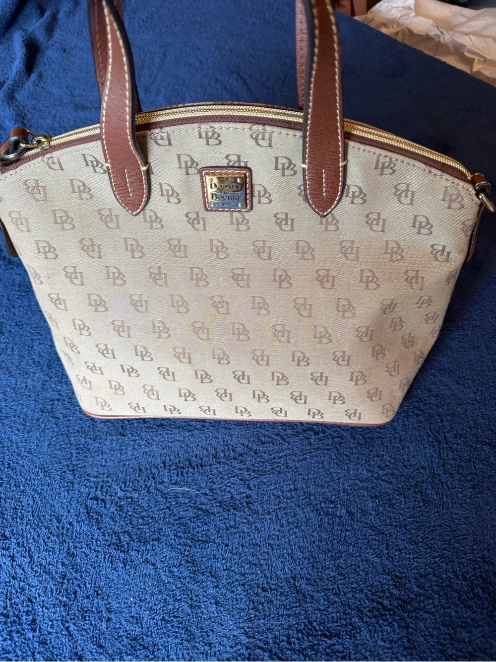 Dooney & Bourke Tan Signature Tote with Brown Leather Trim